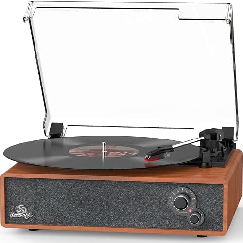 Vinyl Record Player Built-in Stereo Speakers Vintage Turntable Vinyl Records LP Phonograph Belt Drive 3 Speed 3 Size Support Wireless Input RCA Output Auto Stop Tone Adjustment Retro Wooden Walnut Red - Image 1