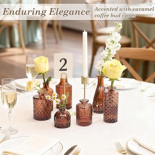 TBWIND 12-Piece Glass Bud Vase Set – Small Caramel Coffee Brown | Etched Glass Vases with Unique Shapes and Weighted Base for Windowsills, Bathrooms, and Table Centerpiece Décor thumbnail 2