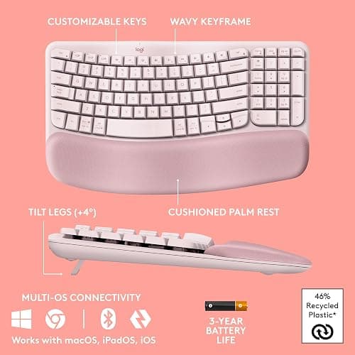 Logitech Wave Keys & Lift Vertical Mouse - Ergonomic Bundle — Wireless Keyboard with Cushioned Palm Rest & Vertical Wireless Mouse - Easy-Switch, Bluetooth, for Multi-OS, Windows/Mac - Rose thumbnail 6