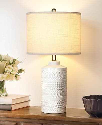 JUNNAI 24.5" White Ceramic Table Lamp 3-Way Dimmable Nightstand with White Linen Shade Bedside Lamp for Bedrooms & Living Room Office Reading(Bulb Included) thumbnail 2