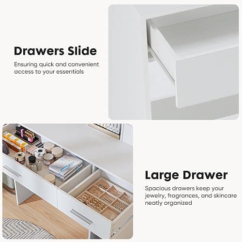 Sweetcrispy Vanity Desk with Adjustable Lighten Mirror & Power Outlet, Makeup Desk for Bedroom with a Storage Cabinet and 3 Drawers, 4 Storage Shelves, White Dresser for Girls - White - 39.37"W thumbnail 7