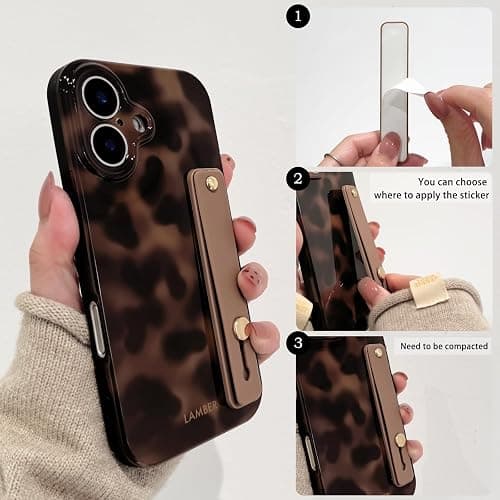 NITITOP Compatible with iPhone 16 Case with Wrist Strap Cute Leopard Stylish Amber Tortoise Design for Women Girls Men Soft TPU Shockproof Full Camera Protection Cover - Brown thumbnail 2