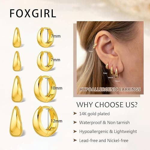 Foxgirl 4 Pairs Small Chunky Huggie Hoop Earrings for Women - Dainty 14K Gold Plated Hypoallergenic Lightweight Stack Earring Sets for Multiple Piercing Trendy Jewelry thumbnail 5