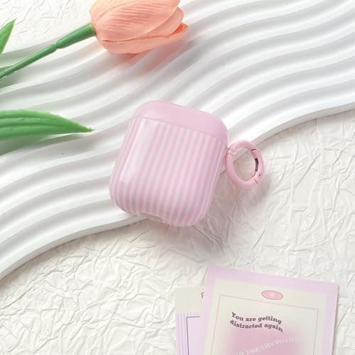 Fycyko for AirPod 2/1 Generation Case Cute Striped Trendy Aesthetic Glossy Shockproof Protective Case for AirPod 2/1 with Cleaner Kit-Pink thumbnail 2