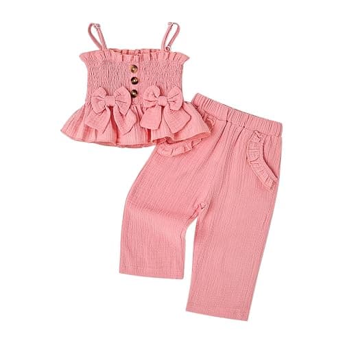 Aenbilo Toddler Baby Girl Clothes Summer Outfits Cute Bow Button Ruffle Camisole Pants Set 9-36 Months - Image 1
