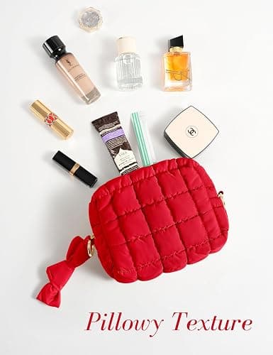 Yarnic Quilted Makeup Bag Puffy Cosmetic Bag, Travel Toiletry Bag for Women, Cute Makeup Bag Organizer Puffer Makeup Pouch (S, Red) thumbnail 2