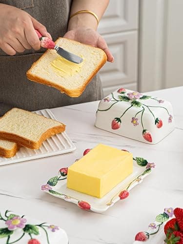 Ceramoira Cottage Strawberry Butter Dish w/ Lid & Knife, Artisanal Handmade | Large Butter Holder for Countertop, Ceramic Covered Butter Tray w/ Spreader, Fits 2 Sticks, Embossed Country Farmhouse Decor thumbnail 4