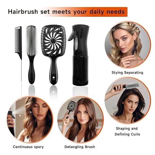 11 Pcs Hair Brush Set, Detangle Hair Brush And Spray Bottle, 3 Pieces Smooth Hairbrush For Toddlers, Suitable For Wet and Dry Hairstyles, Suitable For Adults And Children(Black) thumbnail 7
