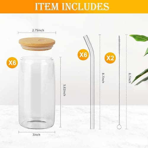 BUCOMTU 6 Pièces Verres à Boire avec Couvercles en Bambou et Paille en Verre,Verre Canette 500 ml, avec Couvercle et Paille,Pour Ice Coffee, Cocktail, Smoothie thumbnail 3