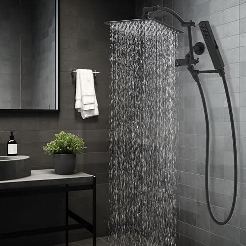 Hibbent All Metal CUPC Certified 10'' Rainfall Shower Head, Dual Shower Head Combo, High Pressure Handheld 4 Sprays Shower Wand, 16'' Adjustable Extension Arm, 71'' Hose, Shower Holder, Matte Black thumbnail 2
