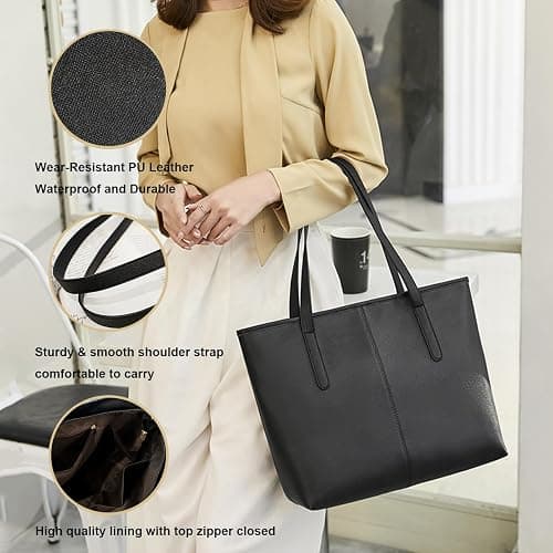 FITDON Tote 🤍Bag with Zip for Women, PU Leather Top Handle Handbags Ladies Shoulder Bag for Work School Travel Shopping thumbnail 2