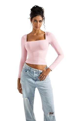 SUUKSESS Women Square Neck Long Sleeve Tops Double Lined Going Out T Shirts thumbnail 3
