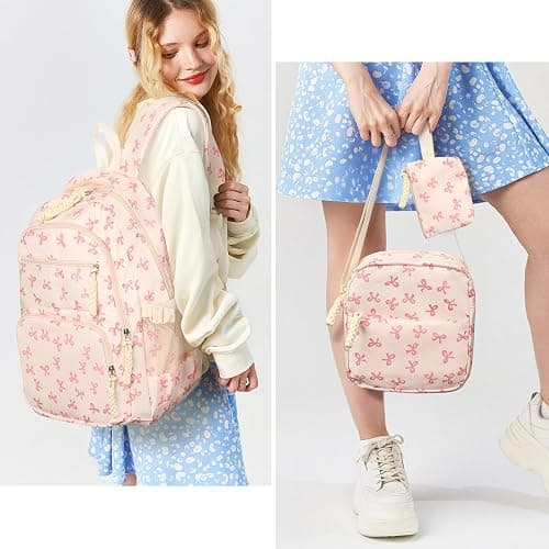 Cohawk Bow Backpack for Women Coquette Aesthetic Nylon Rucksack Cute Kawaii Backpack 3Pcs Set With Bow Pattern thumbnail 3
