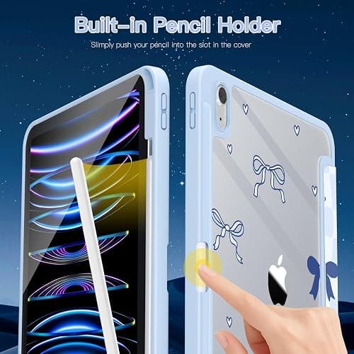 Teryeefi for iPad (A16) 11th Generation Case 2025 Release& iPad 10th 2022 | Protective Shell with Pencil Holder, Soft TPU+Crystal Hard Back Cover , Auto Sleep Stand, Cute Girly Blue Case (Grid Bows) thumbnail 7