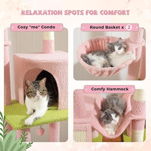 PAWZ Road Pink Cat Tree, Floor to Ceiling Cat Tower with Adjustable Height(85-112 Inches), 7 Tiers Climbing Activity Center with Cozy Hammocks, 5 Platforms and Scratching Posts for Indoor Cats-Pink thumbnail 3