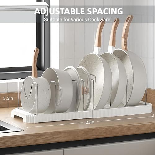 Silanit Expandable Pot and Pan Organizer Rack for Kitchen Cabinet or Under Sink, Adjustable Lid Holder with 7 Dividers, Space-Saving Storage for Renters, Small Homes, and Busy Cooks, White thumbnail 2