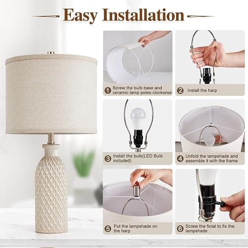 Ceramic Table Lamps Set of 2, Farmhouse 24.8" Bedside Lamps with 3-Color Temperature, Modern Nightstand Lamp Desk Reading Lamp with Fabric Drum Shade for Bedroom, Living Room, Office, 2 Bulbs Included thumbnail 7