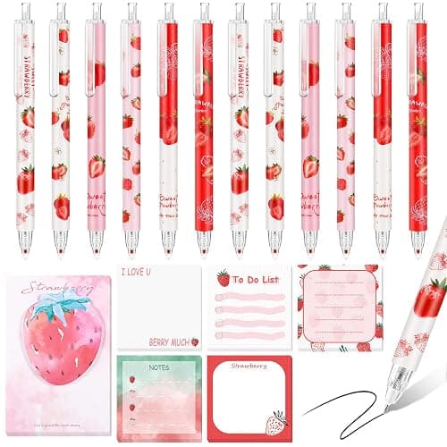 Sabary 18 Pcs Stationery Set, 12 Aesthetic Pens & 6 Sticky Notes, Valentines Gifts, Baby Shower Party, Cute Office School Supplies, Gifts for Women Students Nurses Teachers Coworker(Strawberry) - Image 1
