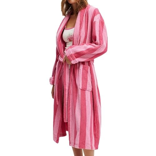 Women's Fleece Bath Robe Christmas Striped Full Length Plush Soft Bathrobe Warm Lounge Sleepwear Robe with Pockets - Image 1