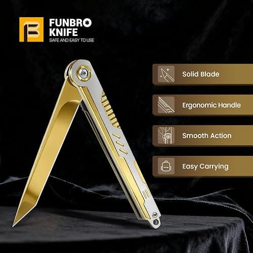 FUNBRO Cool Pocket Knife Gifts for Men, EDC Tanto Blade Folding Knives with Clip, Flipper Open Survival Knife with Window Breaker and Liner Lock for Outdoor Camping (Gold) thumbnail 7