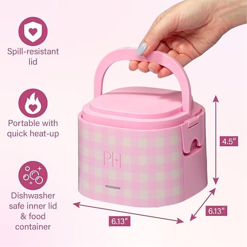 Paris Hilton Electric Lunch Warmer, 20-Ounce Stainless Steel Portable Food Container With Sealing Lid, Removable 2.5-Cup Inner Dish, Gingham Front Design, Pink thumbnail 3