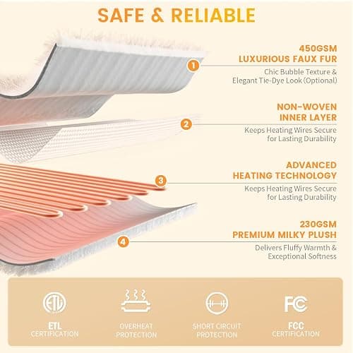Amélie Home Heated Bubble Faux Fur Blanket Electric - 50"x60" Heating Blanket Throw 2/4/6/8 Hours Auto-Off 8 Heat Level Over-Heat Protection Electric ETL Certification Beige/Off White thumbnail 4