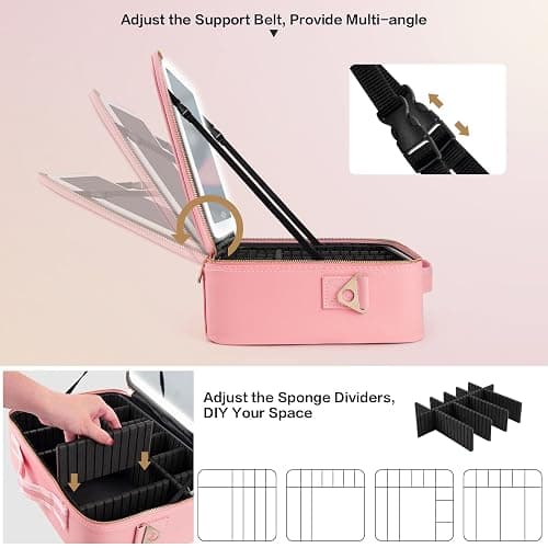 15''X11'' Large Capacity Makeup Bag with LED Mirror, Professional Makeup Case Organizer with 3 Color Light Adjustable Brightness, Travel Make up Cosmetic Case with Detachable Dividers & Shoulder Strap thumbnail 5
