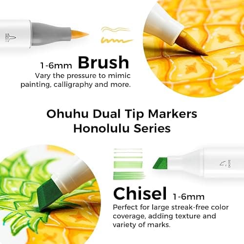 Ohuhu Alcohol Markers Brush Tip: 48-Color Double Tipped Art Marker Set for Artist Adults Coloring Illustrations -Honolulu -Brush & Chisel -Refillable thumbnail 2