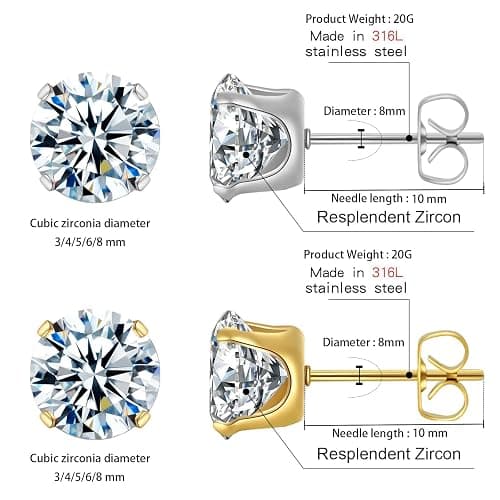 10 Pairs Surgical Steel Stud Earrings Set,14K Gold Plated Hypoallergenic Earrings Studs Set for Women, Stainless Steel Cubic Zirconia Waterproof Non Tarnish thumbnail 6