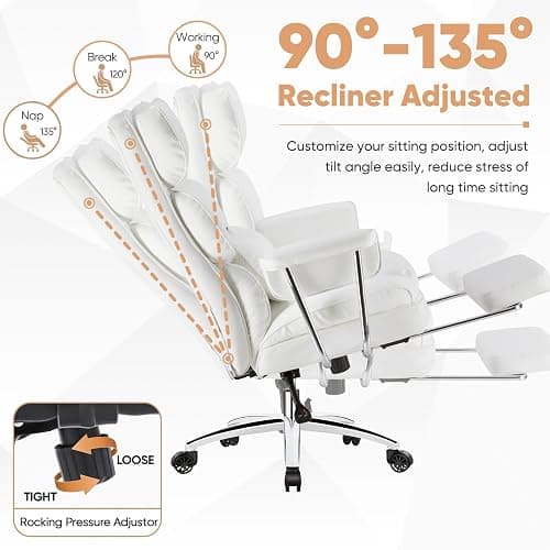 Sweetcrispy Executive Home Office Desk Chair - Ergonomic Big Tall High Back with Footrest & Lumbar Support, Reclining Height Adjustable, Comfy PU Leather Computer Gaming with Swivel Wheels, White thumbnail 5