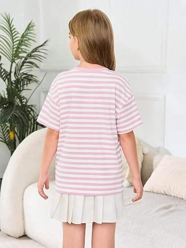 Haloumoning Girls Striped Short Sleeve T Shirts Kids Summer Oversized Tops Casual Crewneck Tees 5-14 Years thumbnail 5