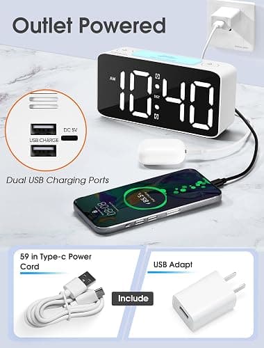 Cadmos 110dB Extra Loud Alarm Clock for Heavy Sleepers Adults, Digital Clock with 7 Color Night Light, RGB Display, Dual USB Charger, Small Clocks for Bedrooms, Kids, Teens (White+RGB) thumbnail 4