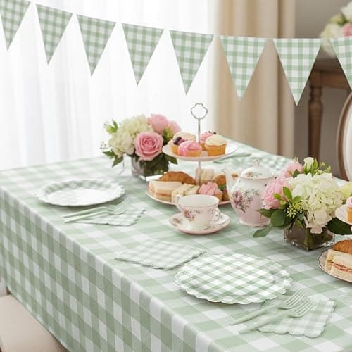 102 PCS Sage Green Gingham Party Supplies - Scalloped Plates, Napkins, Cups, Forks, Banner, Gingham Tablecloth for Baby Shower, Wedding, Birthday, Serves 25 thumbnail 8