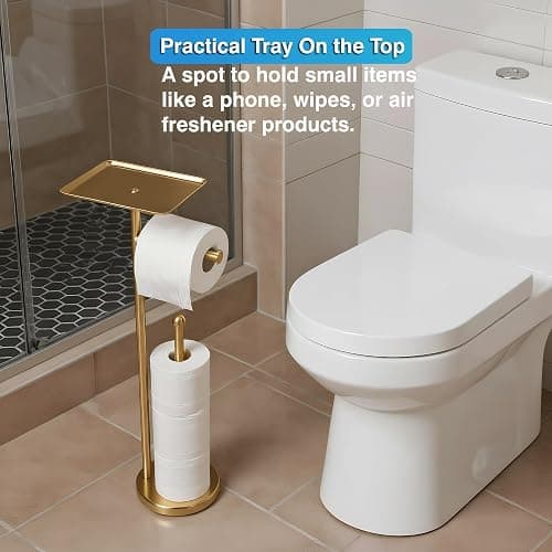 Gold Toilet Paper Holder with Shelf, Freestanding Tissue Holder Stand with Storage Space for Extra 4 Toilet Paper Rolls (Stainless Steel Base, Gold) thumbnail 4