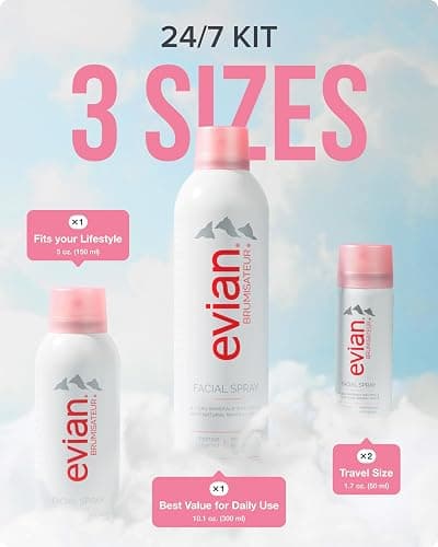 BRUMISATEUR Evian Facial Spray 24/7 Kit - Hydrating Mineral Water Mist for Face & Skin - Refreshes Makeup, Sets, & Tones - Travel-Friendly Sizes for Daily Moisture Boost thumbnail 6