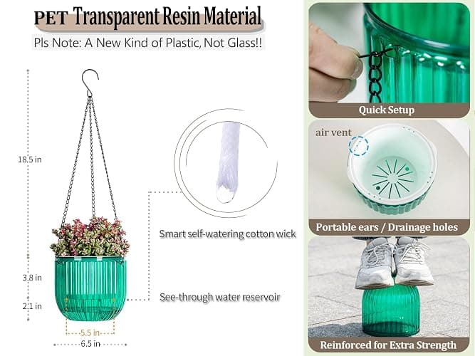 Melphoe 2 Pack Self Watering Hanging Planters Indoor Flower Pots, 6.5 Inch Outdoor Hanging Plant Basket, Hanger with 3Hooks Drainage Holes for Garden Home (Emerald + Gray) thumbnail 3