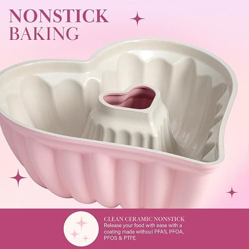 Paris Hilton Heart Shaped Fluted Cake Pan, Cast Aluminum with Clean Ceramic Nonstick Bakeware, Dishwasher Safe, Made without PFAS, PFOA, PFOS & PFTE, 9-Inch, Pink thumbnail 6