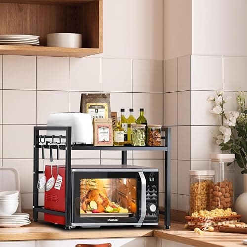 Mointal Verstellbares Mikrowellenregal, 2-Stufig Erweiterbares Küchen Mikrowelle Ständer Regal, Mikrowellenhalter aus Kohlenstoffstahl, Küchenaufbewahrung Organizer mit 8 Haken, Schwarz thumbnail 8