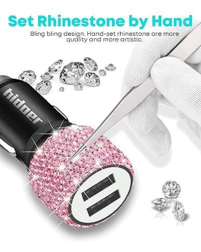 Bling USB Car Charger 5V 2.4A Pink Crystal Decor Dual Port Fast Adapter with 4ft Nylon Type C Micro USB 3 in 1 Multi Charging Cable for iPhone iPad Android, Auto Interior Accessories for Women - Pink thumbnail 5