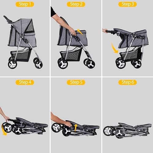 ZENY Foldable Pet Stroller, Cat/Dog Stroller with 4 Wheel, Pet Travel Carrier Strolling Cart with Storage Basket, Cup Holder (Grey) thumbnail 7