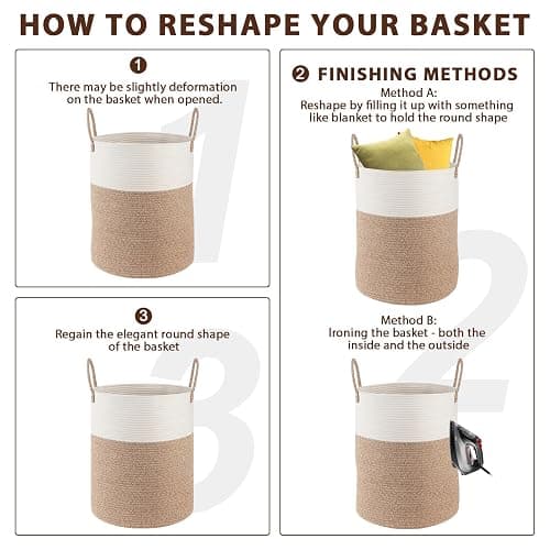 OIAHOMY Large Laundry Basket Hamper - 60L Cotton Rope Woven Basket for Blankets, Toys, Clothes - Tall Decorative Nursery Hamper with Long Handles, White thumbnail 7