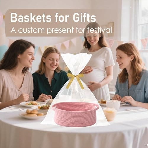JMvicyroam Woven Basket,Small Rope Storage Bin with Handles & Ribbon Bag, Organizer for Shelves Closets,Gift Basket Empty for Birthday,Books,Dog Toys, Pink thumbnail 4