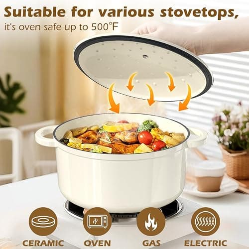 Enameled Cast Iron Dutch Oven - Umite Chef 5QT Pot with Lid & Cotton Potholders - Heavy-Duty Cookware for Bread Baking, Braising, Stews, Roasting(Cream White) thumbnail 7