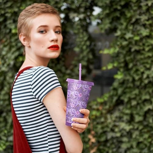 Zhehao 12 Pack Bow Floral Cups Plastic Coquette Bow Straw Tumblers Cold Cups with Lids and Straws Bulk for Iced Coffee 24 oz Reusable Travel Mug Cup Gifts for Girl Women Mom Adults thumbnail 4