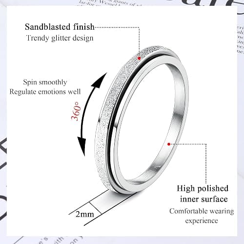 Diamday Fidget Rings for Women Men -2 4mm Titanium Steel Spinner Ring for Anxiety Stress Relief Glitter Sandblast Spinning Figit Anxiety Jewelry for Women Gifts thumbnail 2