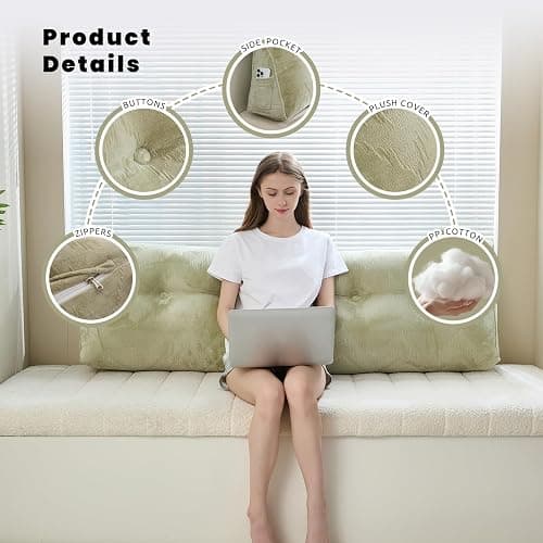 Zelladorra Headboard Pillow for Bed,Triangular Wedge Pillow Headboard Soft Support While Reading and Resting,Bed Bolster Cushion Headboard with Removable Cover,Sage Green,Queen (59"x8"x20") thumbnail 4