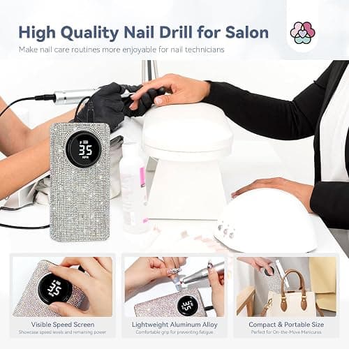 SAVILAND Professionl Nail Drill Kit: Diamond Shiny | 35000RPM Electric Nail Drill Machine | Professional Drill Bits Drill Nail File Buffer Dust Brush Expert Salon Use Manicure Pedicure - Glitter thumbnail 6