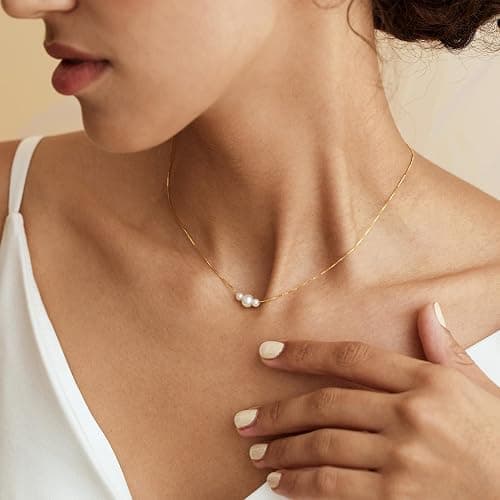 Plenky Pearl Necklaces for Women-14k Gold Plated Layered-Single Pearl Necklace Simple Pearl Choker Necklaces for Women Trendy Cute Gold Necklace Jewelry for Women Gifts thumbnail 3