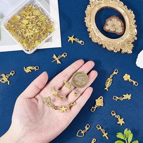 SUNNYCLUE 1 Box 60Pcs Gold Clip On Charms Lobster Clasp Charms Bulk Metal Alloy Golden Glossy Assorted Animals Flower Dangle Pendants for Jewelry Making Supplies DIY Crafts Bracelet Necklace Adults thumbnail 2