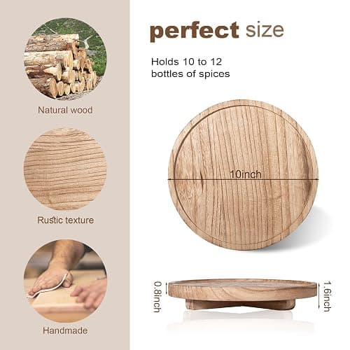 Round Decorative Tray Wood Bathroom Counter Organizer Farmhouse Kitchen Decor Wooden Riser for Soap Dish, Perfume, Candle, Sponge, 10" - Brown thumbnail 6